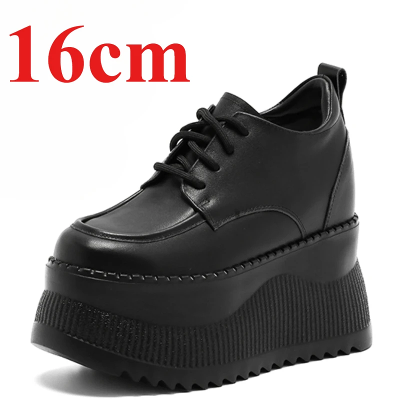 Invisible 16cm Height Increasing Shoes for Women's Super High Heels Genuine Leather Black Thick Bottom Casual Sponge Cake Shoes