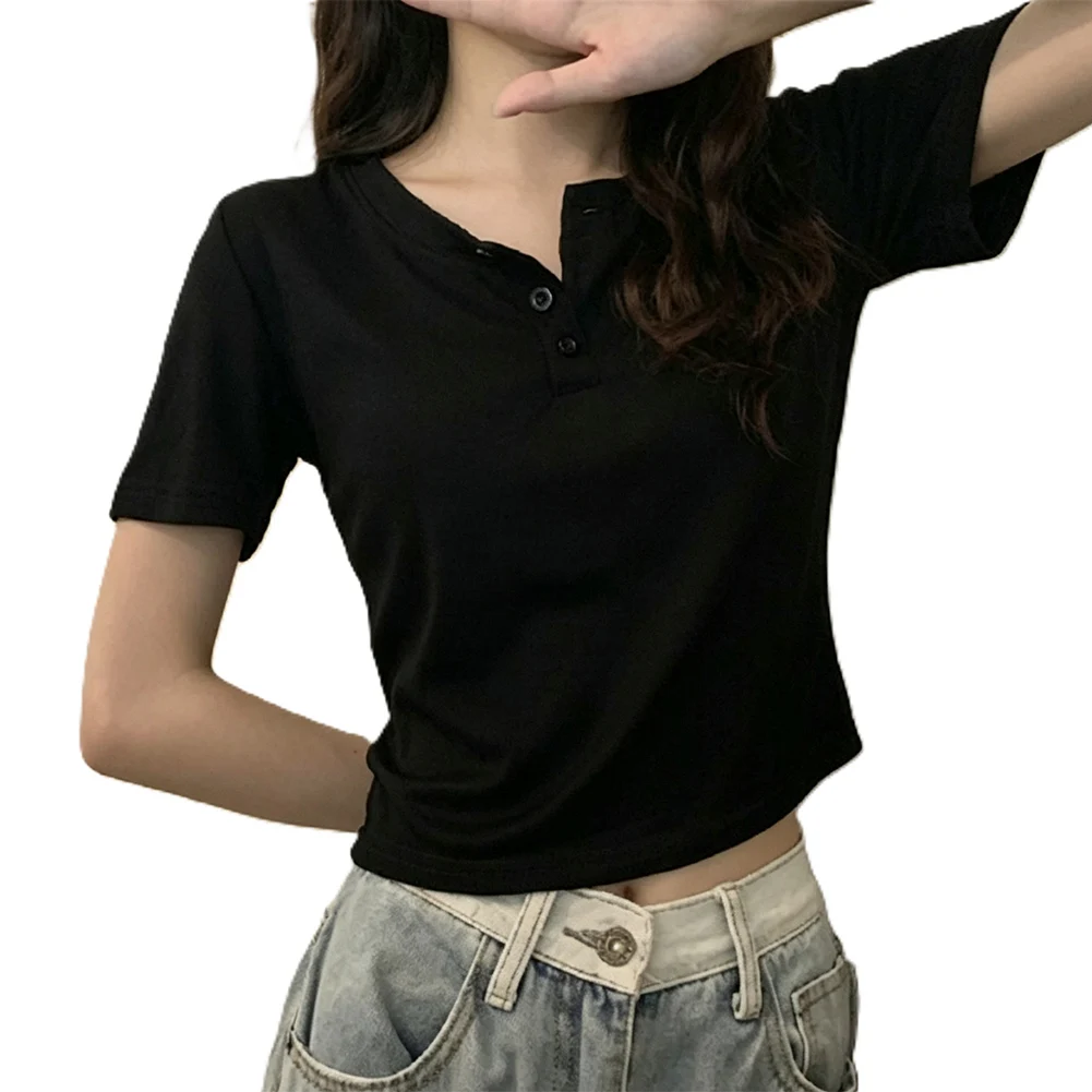 Polyester Casual Blouse Women Half Open Collar Tee Medium Elasticity Fabric Half Open Collar Design Short Sleeve Style
