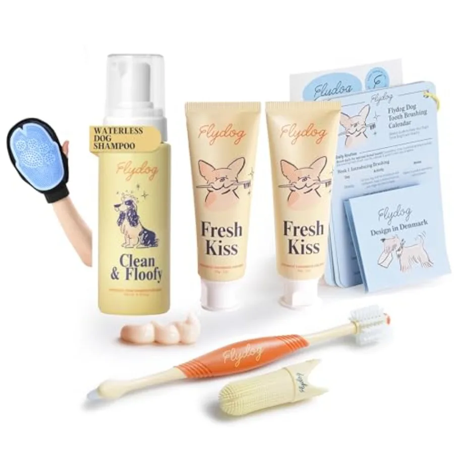 

Dog Grooming and Dental Care Kit Dog Toothpaste and Toothbrush Set + Waterless Dry Shampoo Foam with Grooming Glove Odor Contro