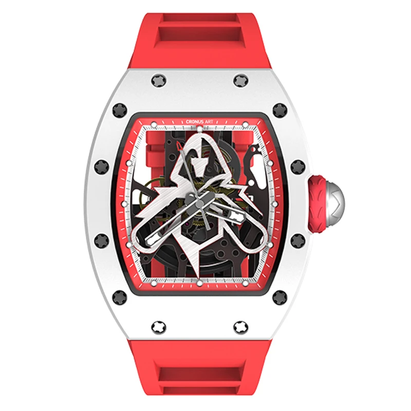 CRONUSART Orologio automatico da uomo 50mm Tonneau Orologio da polso meccanico NTPT Fibra di carbonio Luminoso cinturino in gomma fluorurata Quadrante scheletrato