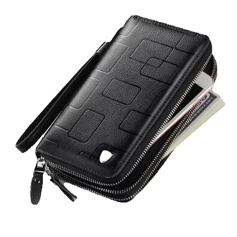 Men's Genuine Leather Wallet Sequined Plaid Top Long Zipper Business Card Holder Mobile Phone Bag Handbag