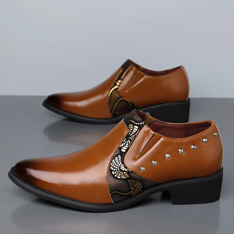 Men's British Style Patchwork Leather Formal Shoes Pointed Toe Slip-On Comfort Designer Business Casual Dress Wedding Shoes