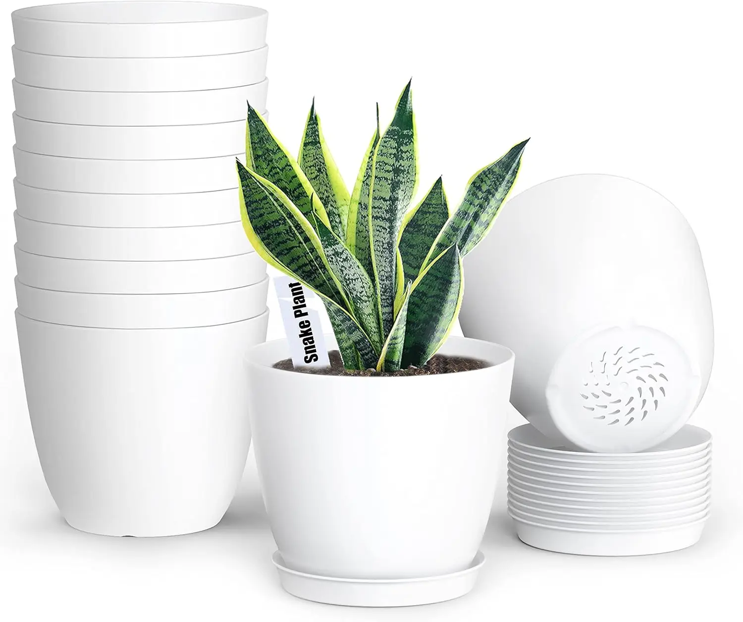 

12 Pack 6 Inch White Plastic Planters with Drainage Holes and Saucers for Indoor Outdoor Plants
