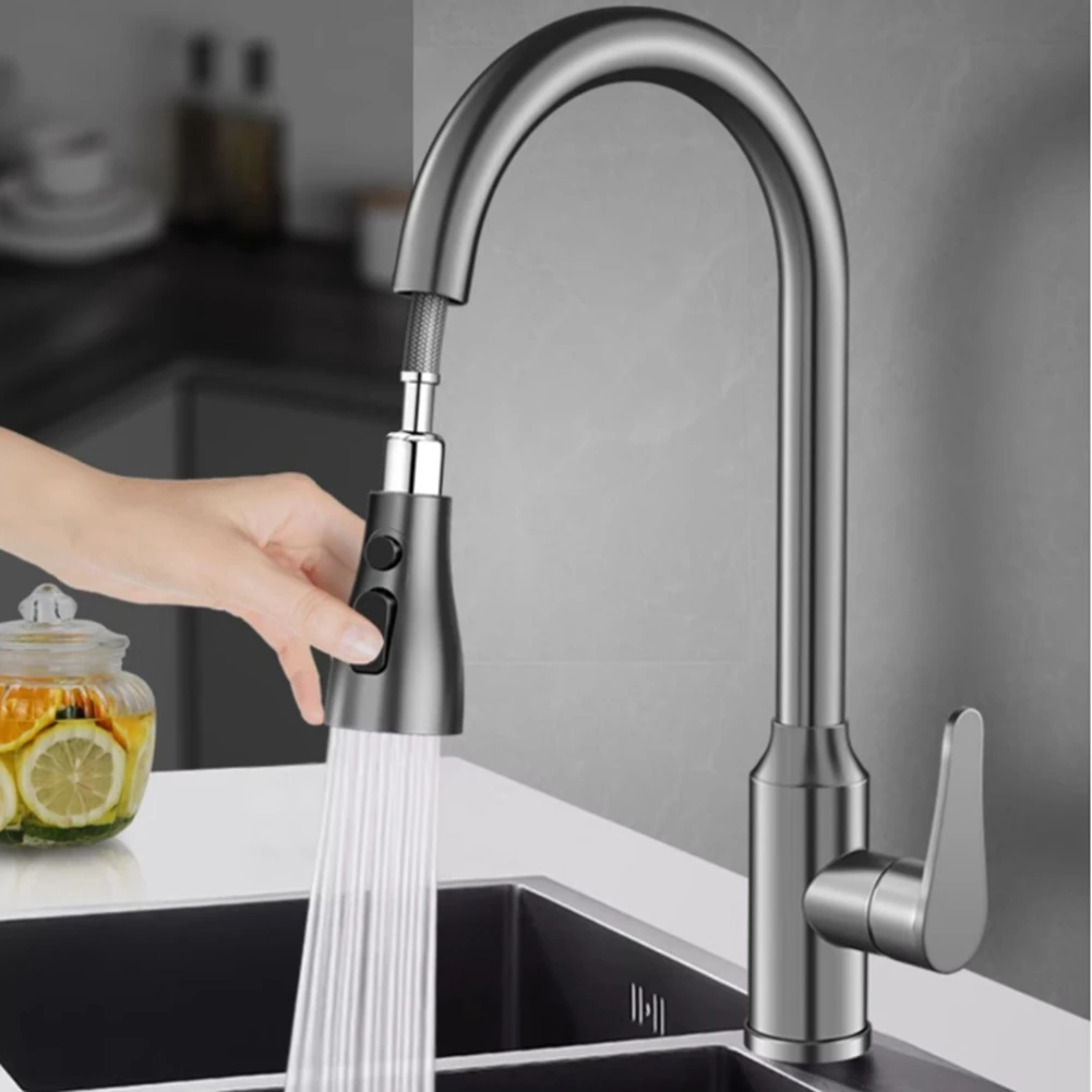 Kitchen Faucets 304 Stainless Steel Pull Out Kitchen Sink Water Tap Deck Mounted Mixer Heads Hot Cold Taps Third Gear-AT36