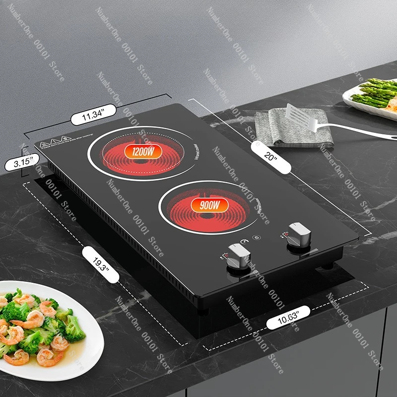 For 110V 220V 1800W Double Burner Ceramic Cooktop Dual Head Built-in Electric Stove for Kitchen Countertop with Knob Control