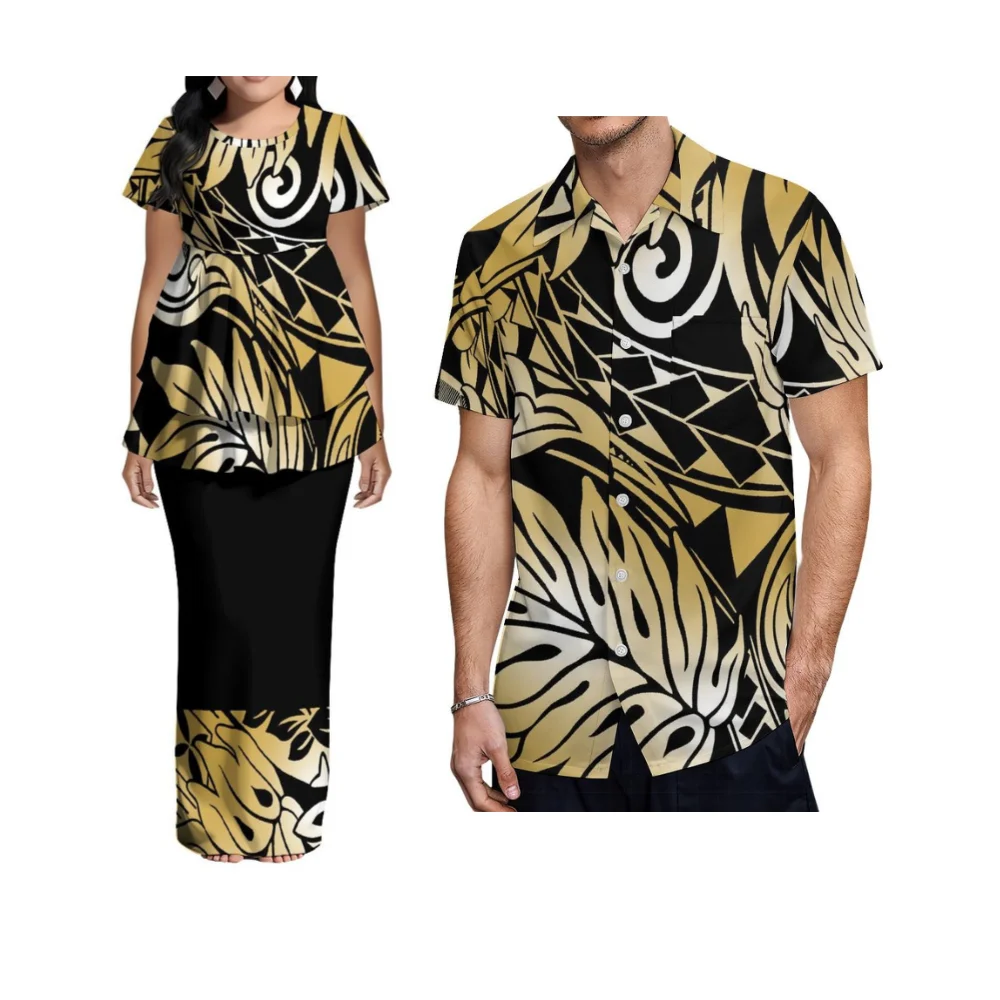 Exquisite And Comfortable Texture Polynesian Custom-Made Couple'S Outfit Double-Layered Hemmed Women'S Puletasi Suit Dress