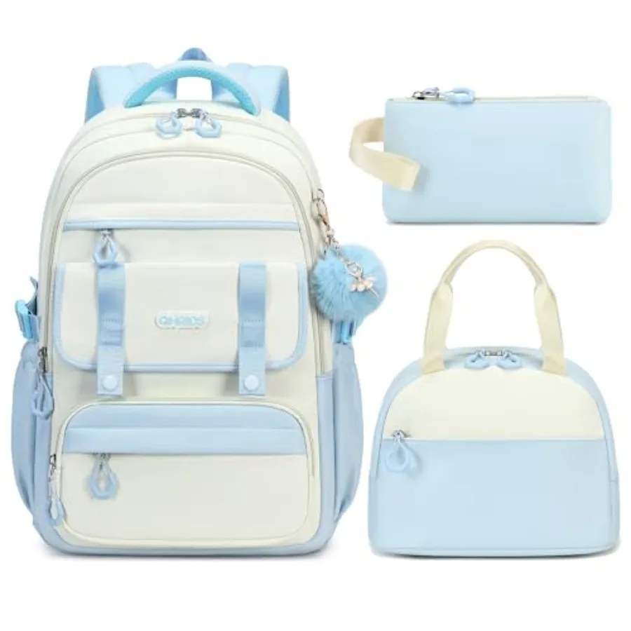 School Backpack for Girls 3PCS Laptop Backpack 15.6 Inch with Lunch Box Pencil Pouch Set for Teens Elementary Middle High Schoo