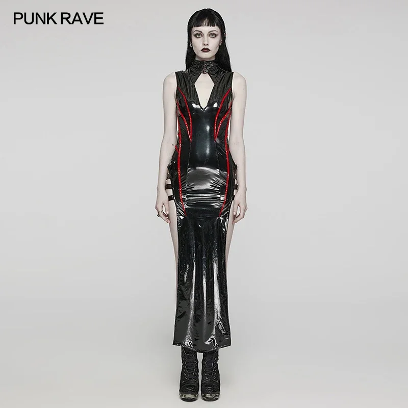 

PUNK RAVE Women's Sexy Punk Creative Border Design Slit Dress Party Club Fashion Black Dresses Two Colors Available