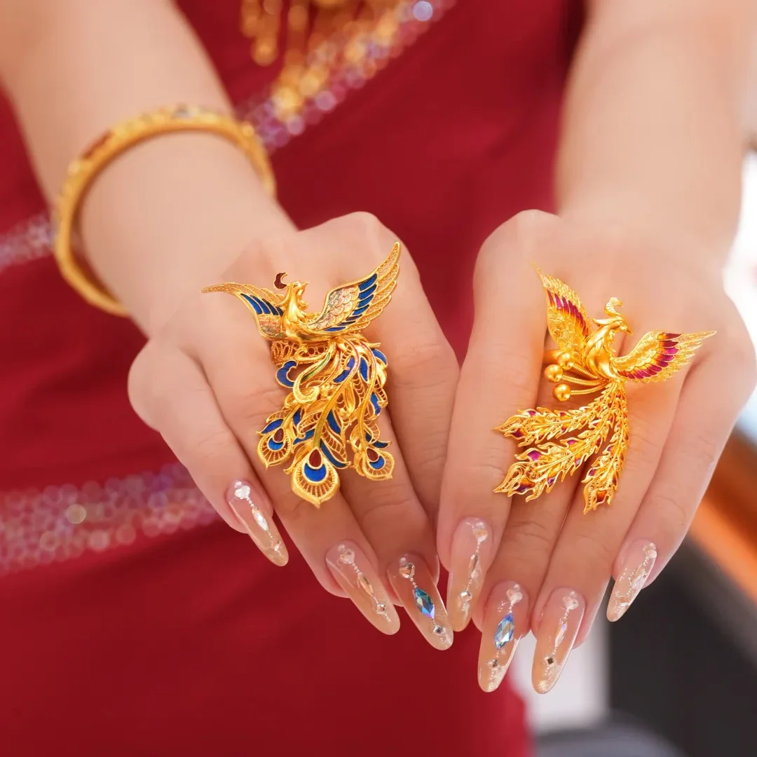 Phoenix dance nine days silver ring gradual change glazed color point plume gold phoenix ring