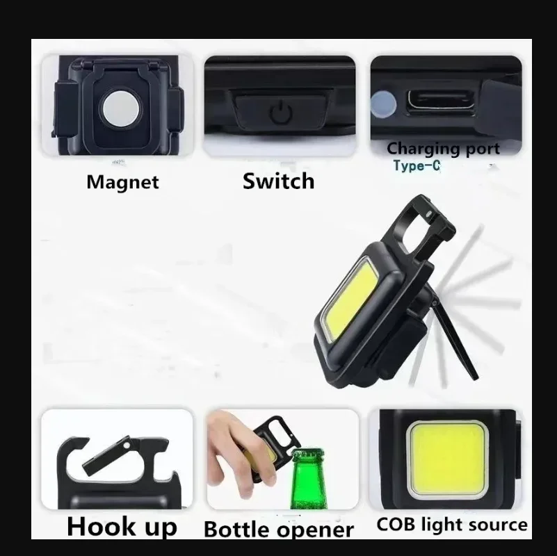 10PCS Mini LED 1800LM Flashlight Keychain Multifunctional Portable COB Camping Lamps USB Charging Work Lights Fishing Lanterna