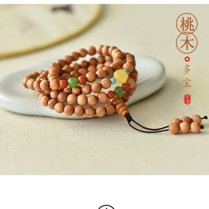 

Женские браслеты из персикового дерева, 6 мм, 108 лет, литературные многокруглые ручные нитки, пчелиный воск, счастливые бусины, ювелирные изделия с несколькими сокровищами, национальный стиль