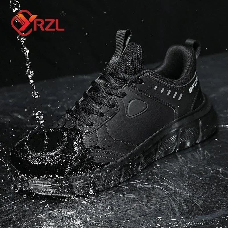 

YRZL Black Running Shoes Men Waterproof Athletic Sneakers Men Wear-resistant Non Slip Walking Sport Shoes Comfortable Men Shoes