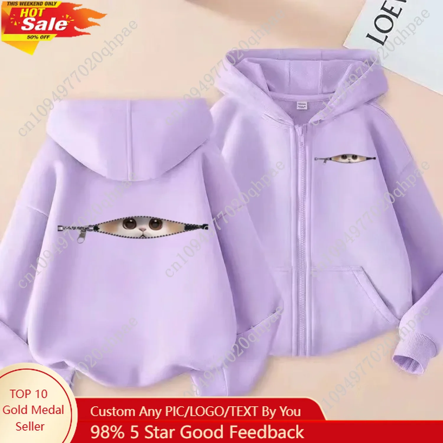 تحذير لطيف للغاية! قطة لطيفة عند فتحة سحاب، سويت شيرت بغطاء للرأس بسحاب ممتع #1