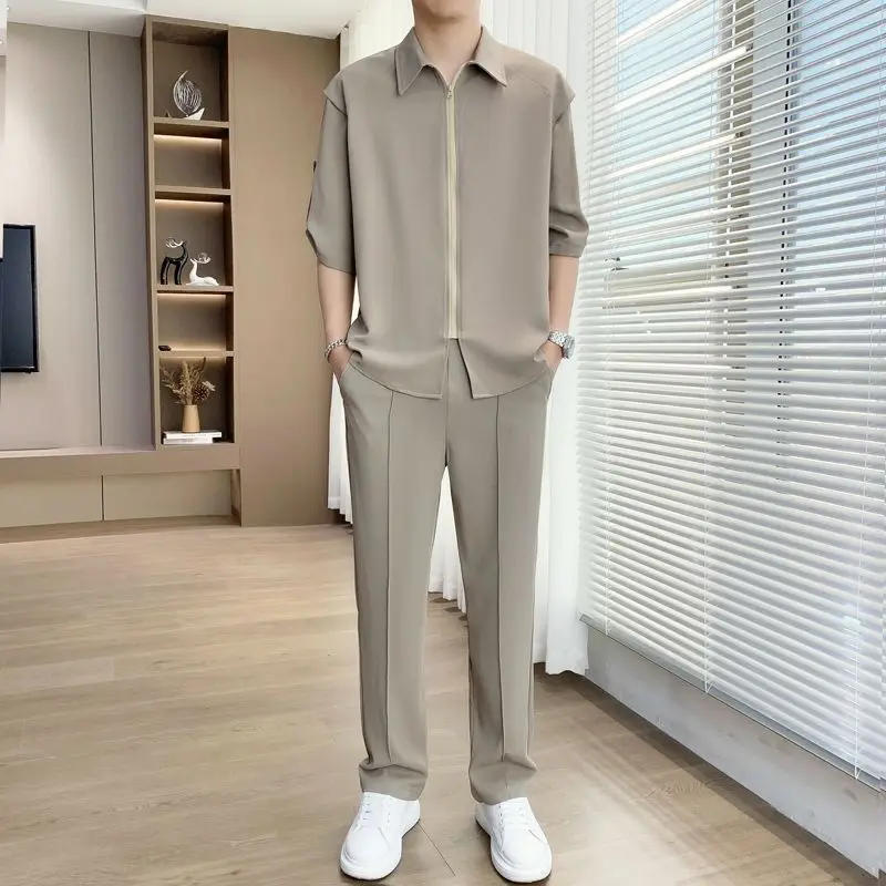 Plain Men's Pants Set No Logo Male Shirts Trousers Sets New in Tops & Tees Stretch Elastic Basic Outfits Loose Korean Two Piece
