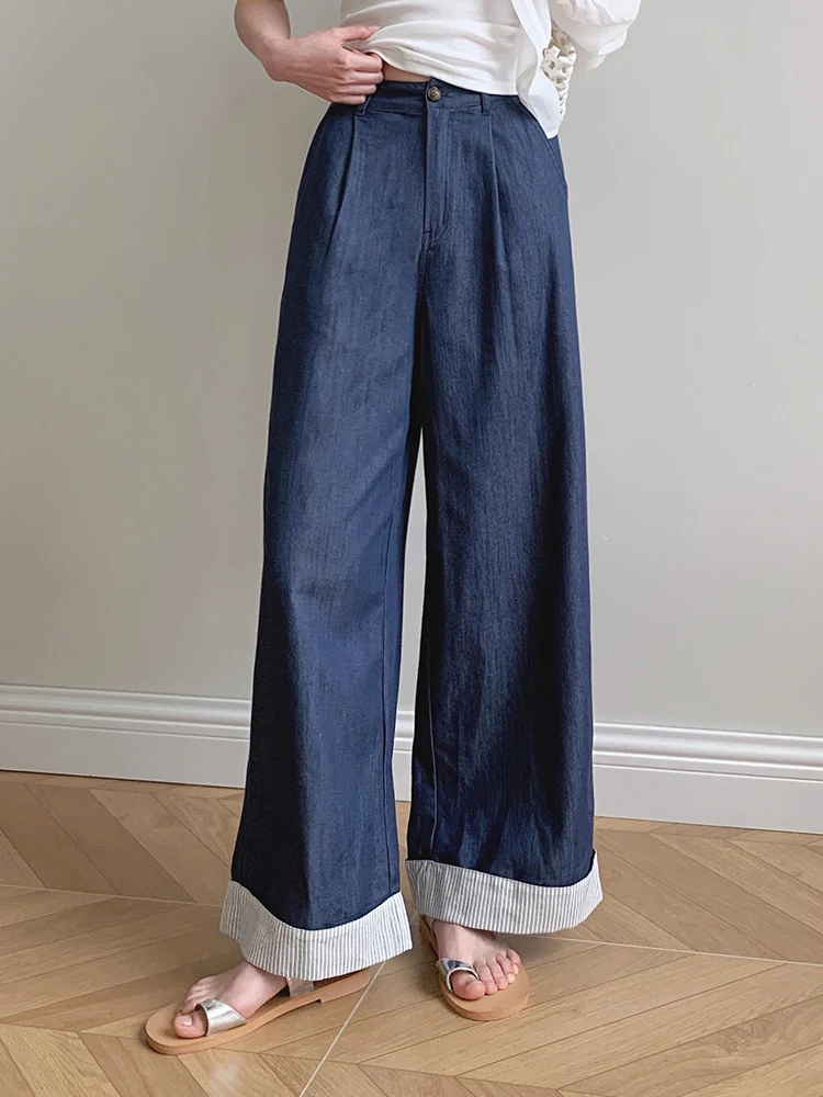 

Boran Retro High Waist Wide Leg Jeans Loose Fit Straight Cut Cuffed Thin Cotton Blend Comfortable Soft Ladies Casual Pants