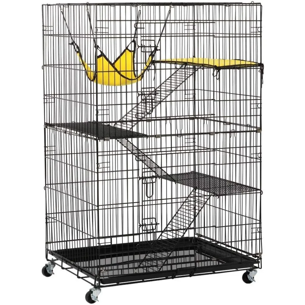 

4-Tier Foldable Kitten Cat Home Cages Wire Pet Crate House with Leopard Hammock Bed & Wheel Casters for Measures 32L x 22W x 48