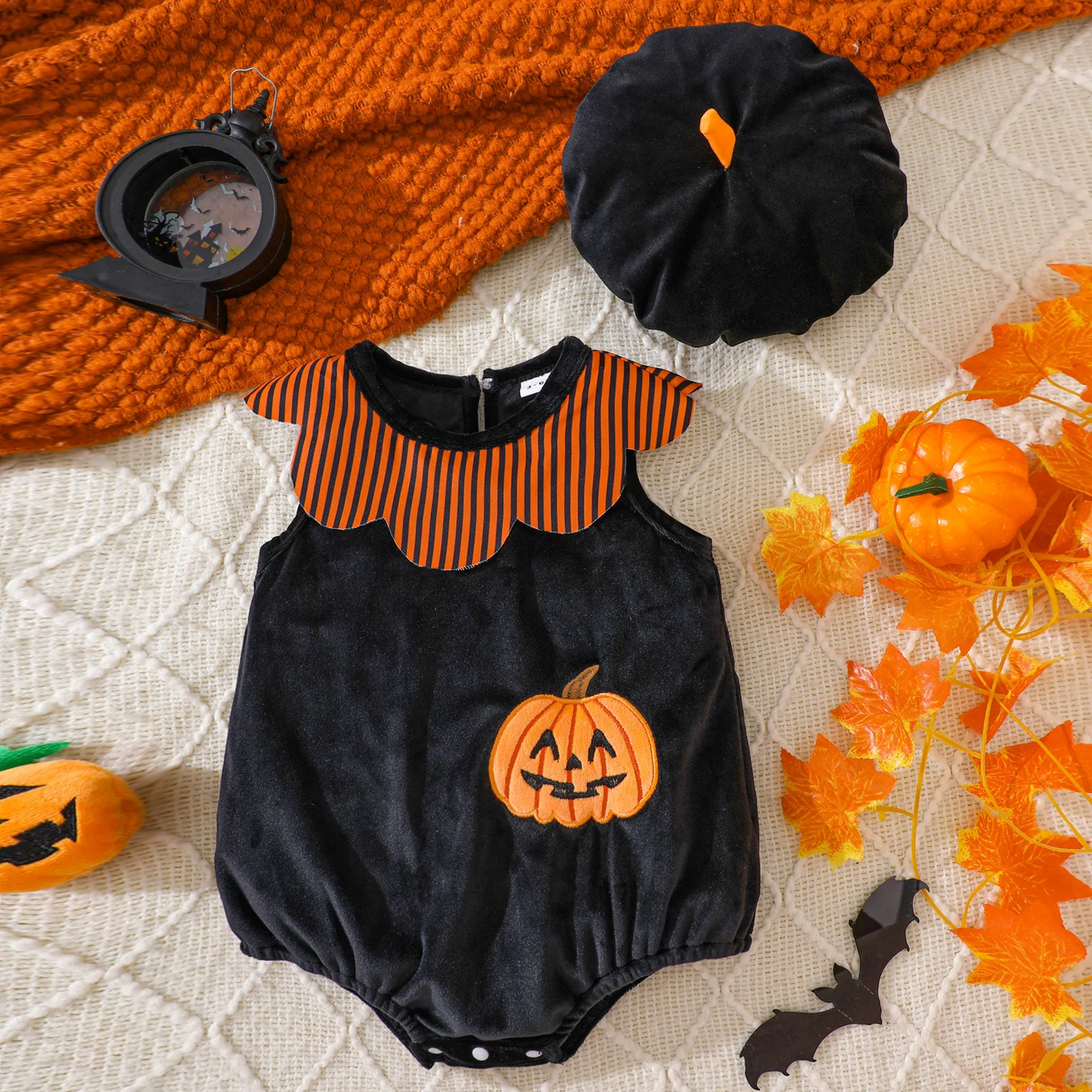 

Baby Clothing Halloween Cotton Romper Set with Hat 0-18M Infant Newborn Girl Boy Spider Bat Pumpkin Embroidered Bodysuit Costume