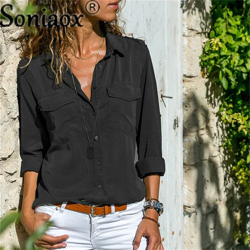 Long Sleeve Women Blouses 2021 Plus Size Turn-Down Collar Blouse Shirt Casual Solid Color Tops Elegant Work Wear Chiffon Shirts