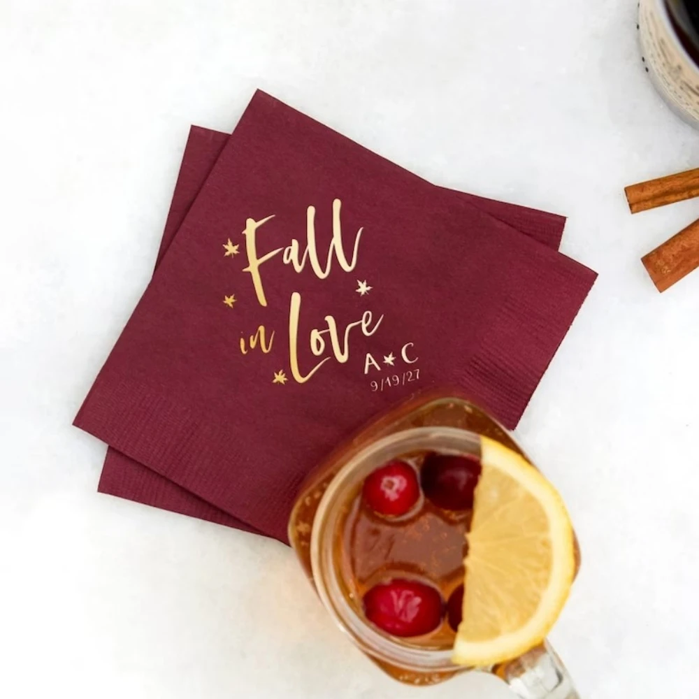 

Fall in Love!, 50PCs Custom Leaves Napkin,Cocktail Foil Stamped Napkins,Engagement Beverage Napkin, Party Decor, Paper Napkins