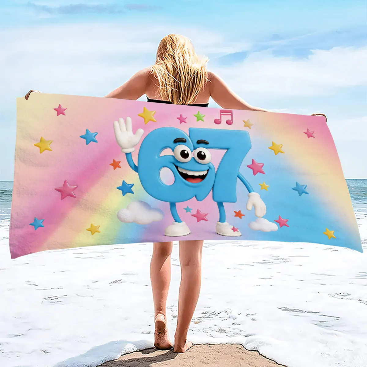 A soft, water-absorbent bathroom travel towel featuring a blue cartoon number 67 image pattern printed on microfiber fabric