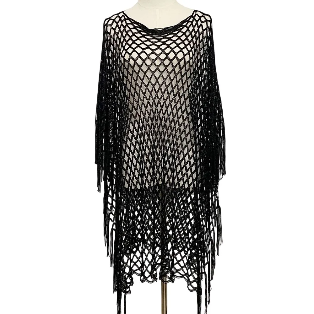 Simple Design Gold Silver Wire Mesh Shawl Jacket Hollowed Out Knitted Beach Towel Long Sleeve Tassels Poncho Vacation