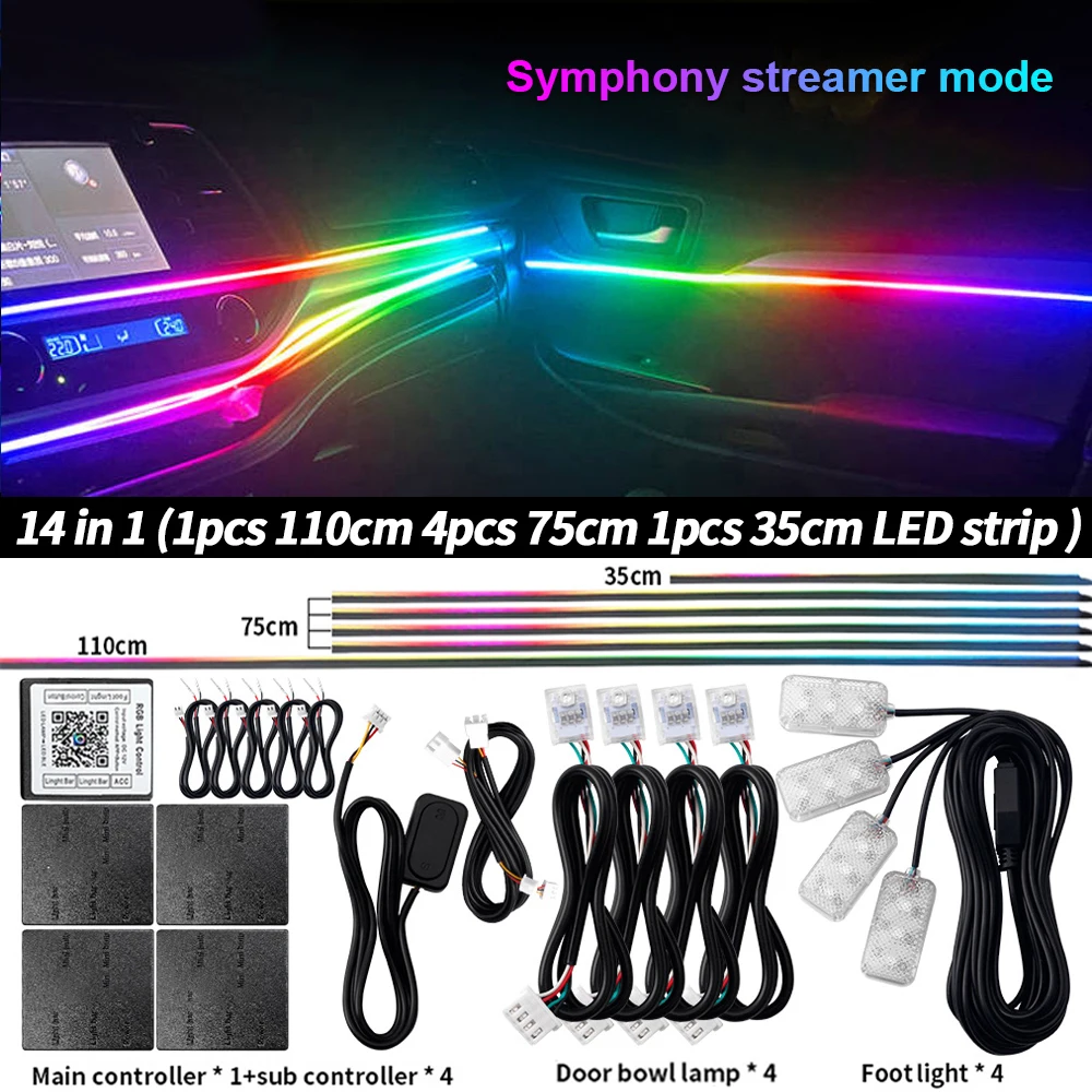 Symphony Auto-Ambientebeleuchtung RGBIC Innenraum-LED-Streifen Acryl 213 Farben Neon-Streamer Atmosphärenlampe 6/10/14/18/22 in 1 12V per App
