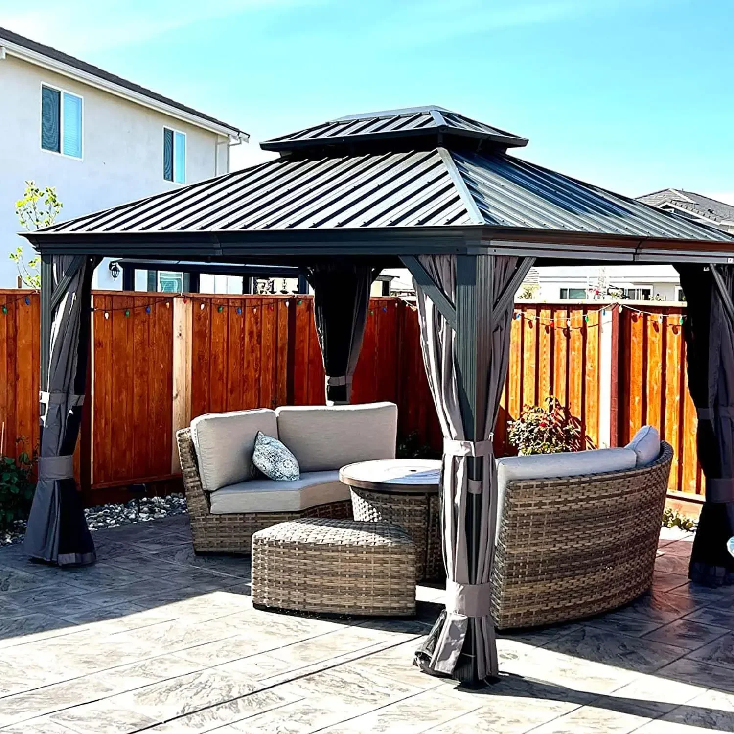 

Hardtop Gazebo, with Galvanized Steel Double Roof Canopy, Drainage Gutters, Curtain and Netting, Metal Gazebo Pavilion