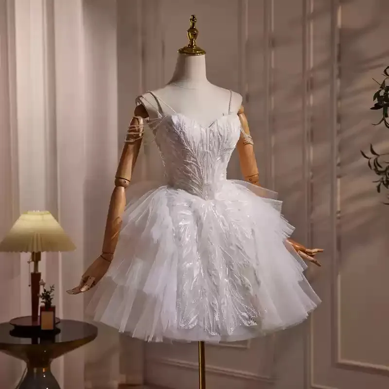 

Exquisite Ball Gown Wedding Dress Short Bridal Gowns Beading with Sequins Lace-up Back Wedding Gowns High Waist Knee Length