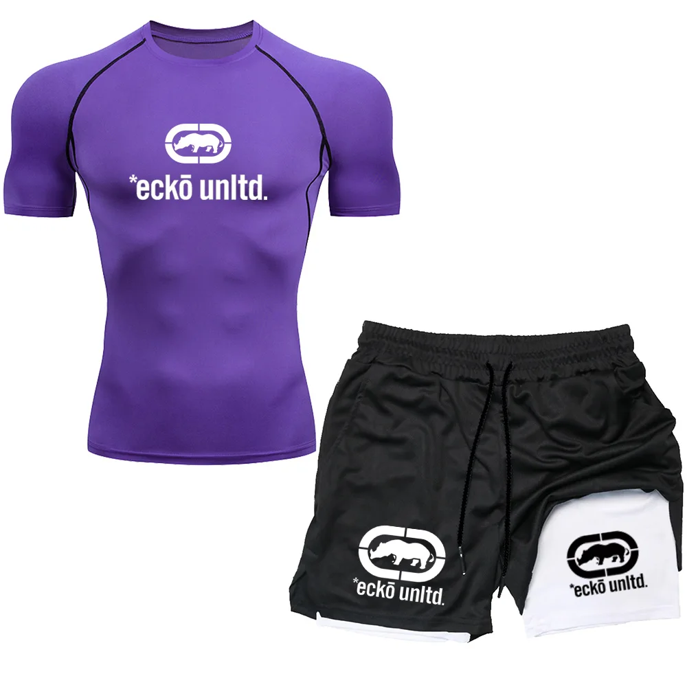 Ecko Unltd Men Fitness Set Grey Compression Tee+2 in 1 Liner Athletic Shorts Quick Dry Breathable For Gym Basketball Jogging Tra