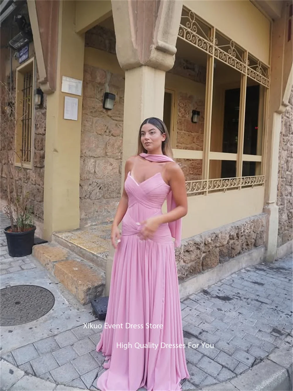 Xikuo فساتين سهرة بشرائط شيفون وردية على شكل قلب مطوي فيستدوس دي فييستا فستان رقص عالي الجودة مخصص