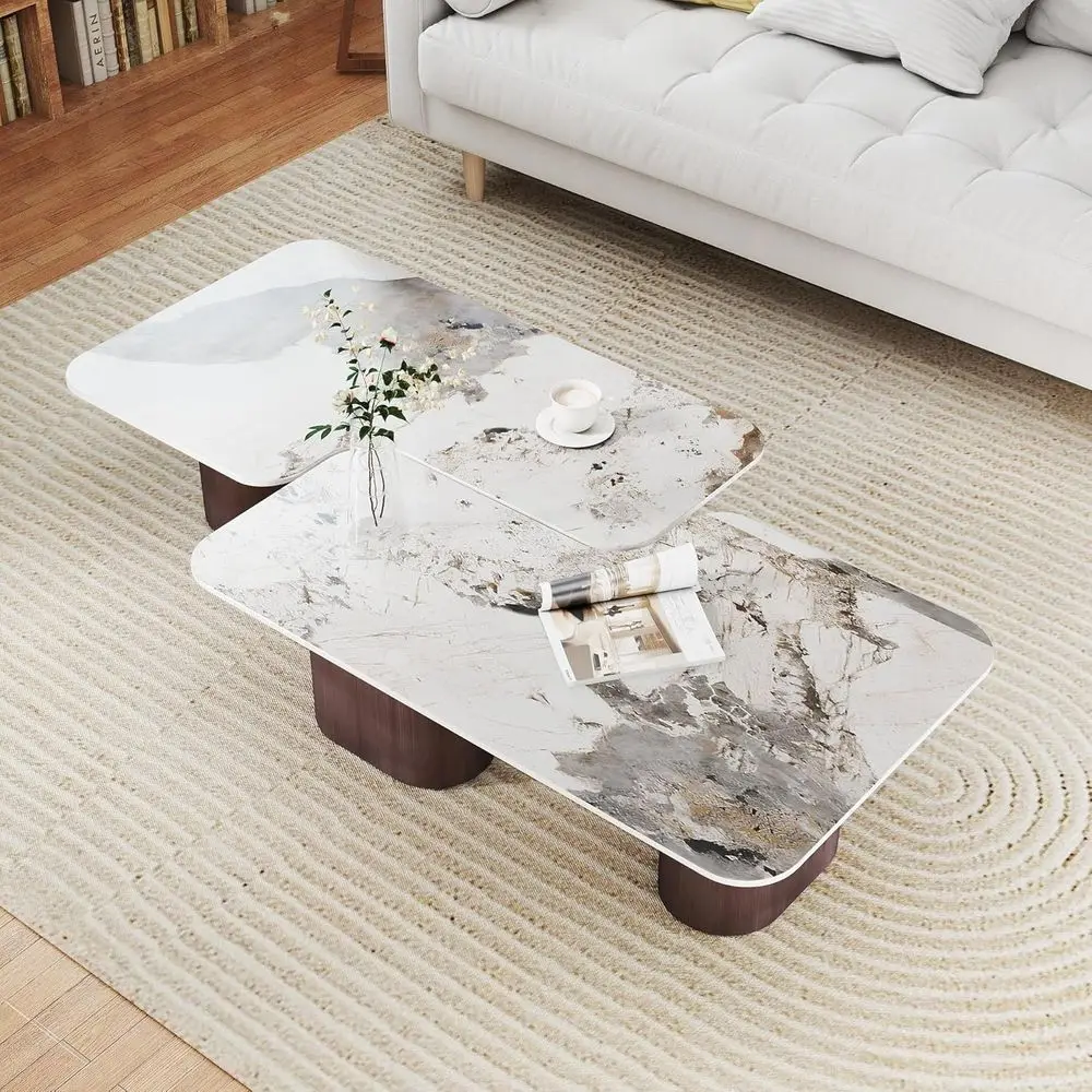 

Modern Nesting Coffee Table Set of 2, Sintered Stone L-Shape Square Coffee Table for Living Room, Modern Small Center Table End