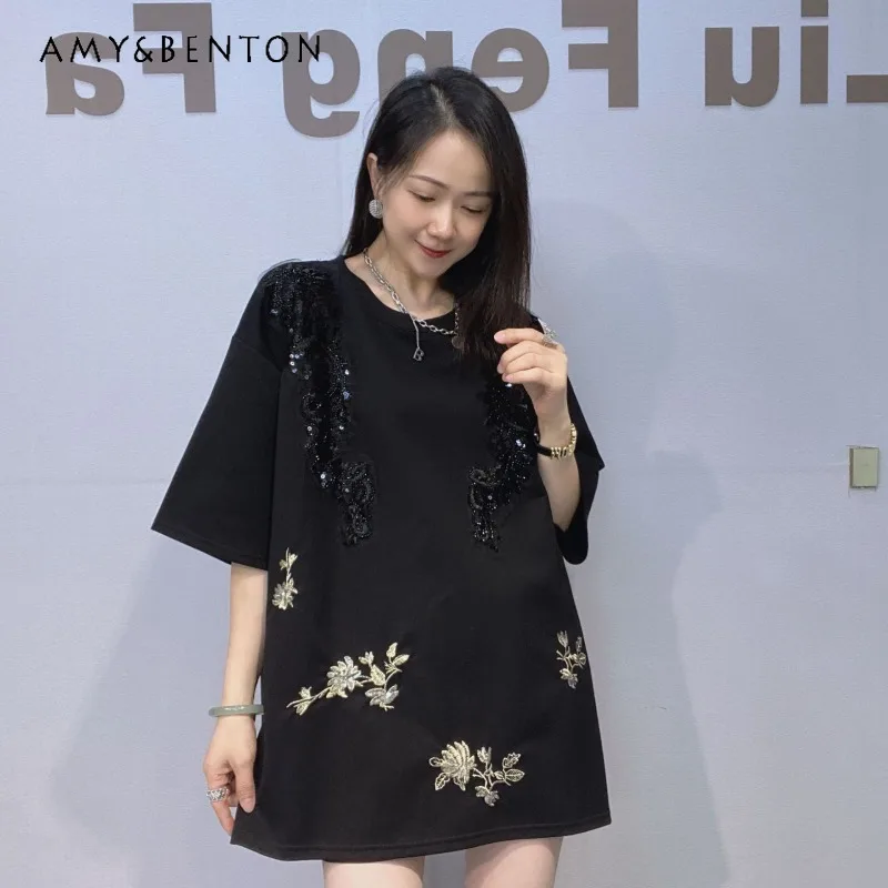 

Women's Clothing Heavy Industry Design Sense Embroidery Loose Short-sleeved T-shirt Top Women's Summer New Medium And Long Tees