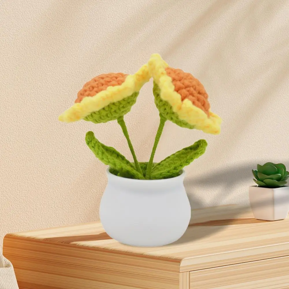 Sunflower Home Decoration Handmade Crochet Sunflower Decoration with Double Heads White Vase Mini Knitted Flower for Home Office