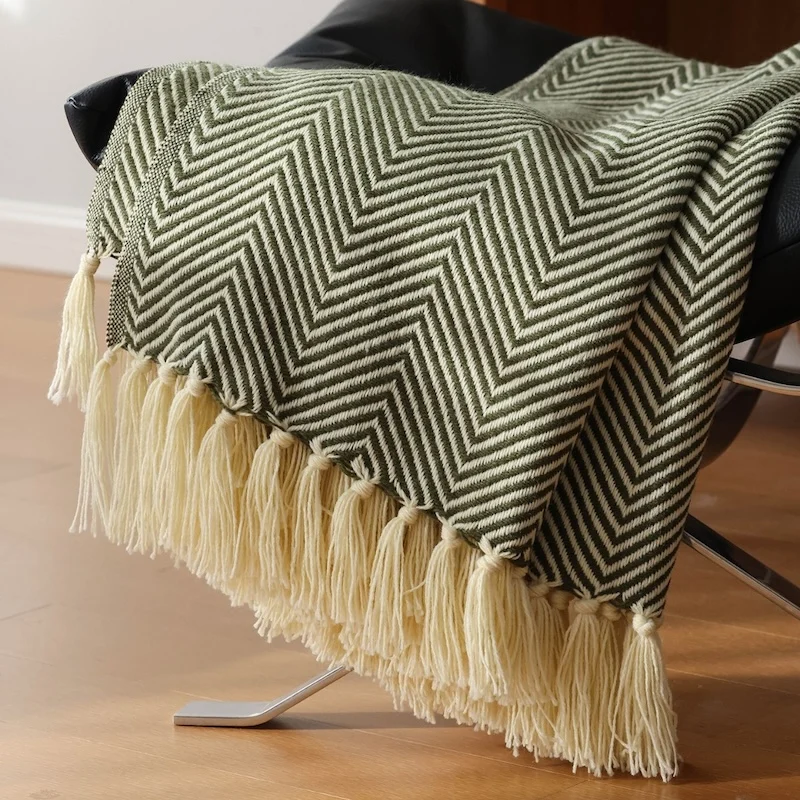 Minimalist Herringbone Knit Throw Blanket | Soft Cotton Linen Sofa Blanket with Tassels | Olive Green Home Decor Couch Bed Cover