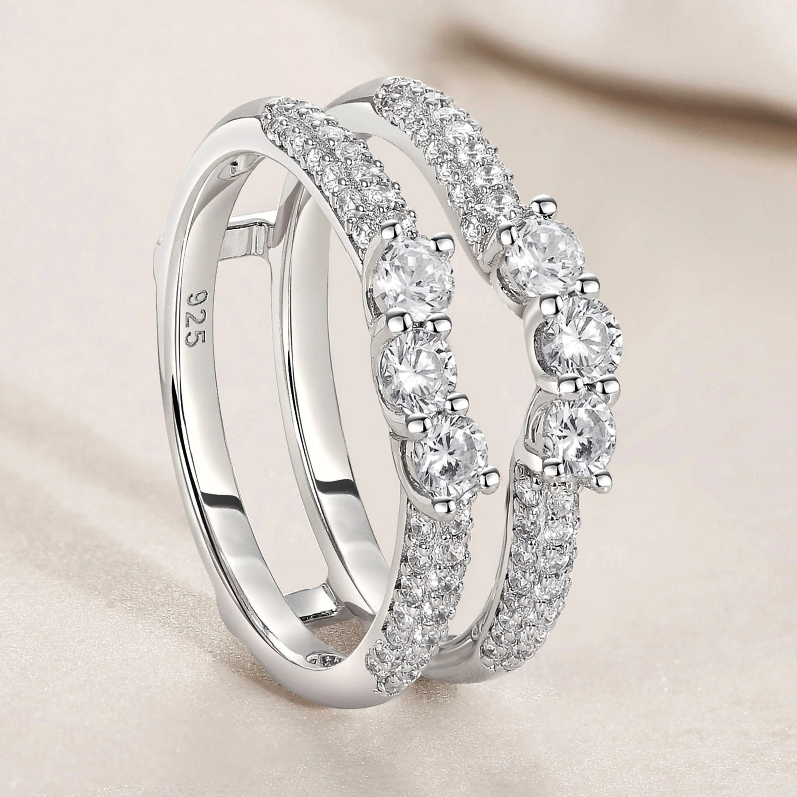 925 Silver Wedding Ring Enhancers for Women Ladies Connected Rings Band Cubic Zircon Luxury Diamond Jewelry