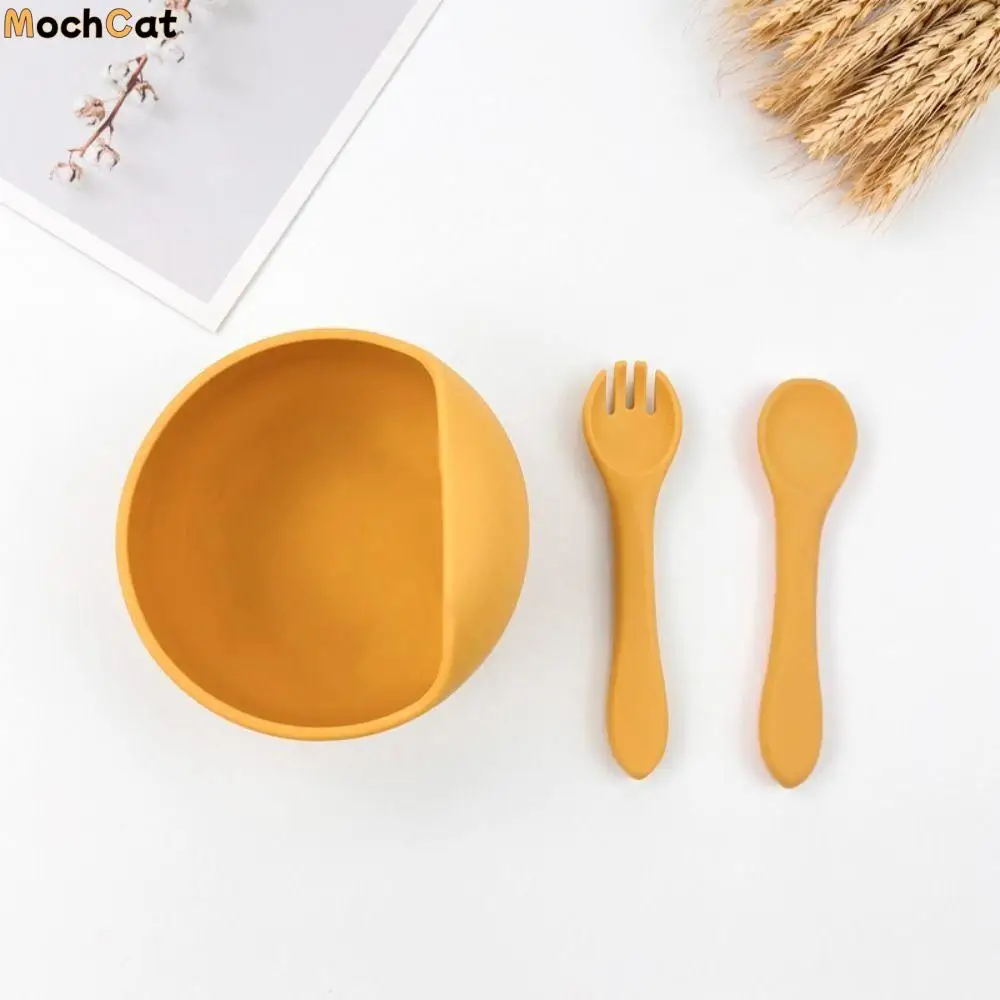 3Pcs/Set BPA Free Silicone Sucker Bowl Drop-proof Non-Slip Baby Feeding Tableware Auxiliary Food with Spoon Fork