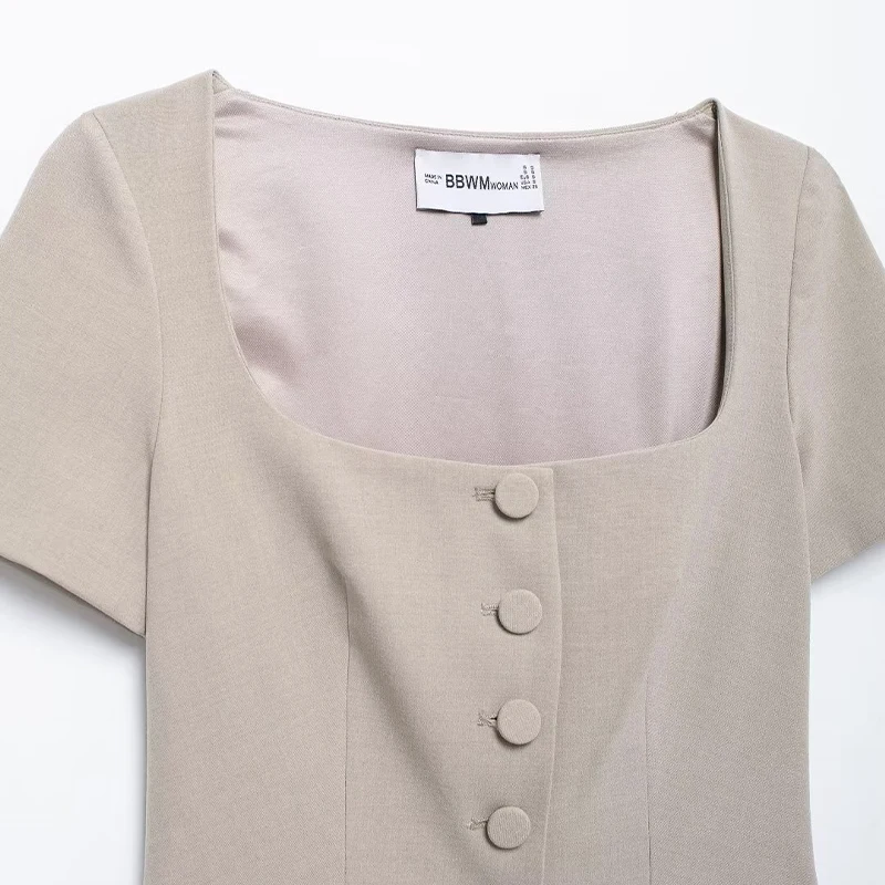 Willshela Women Fashion With Pockets Khaki Single Breasted Shirts Vintage Square Collar Short Sleeves Female Chic Lady Tops