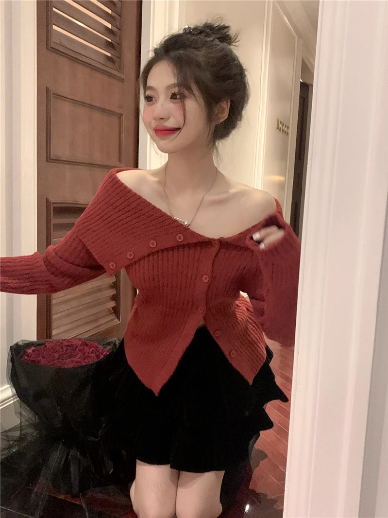 Pure Desire-suéter de punto con cuello grande para mujer, cárdigan abierto con capa Base ajustada Irregular, Top hasta la clavícula, otoño