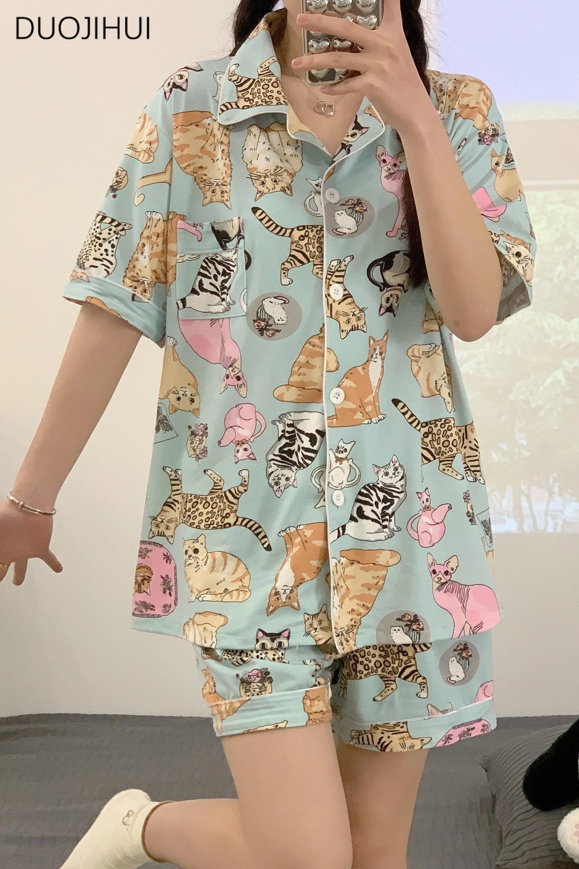 DUOJIHUI Ins Two Piece Chic Printing Female Pajamas Sets Basic Button Cardigan Simple Pant Fashion Casual Home Pajamas for Women