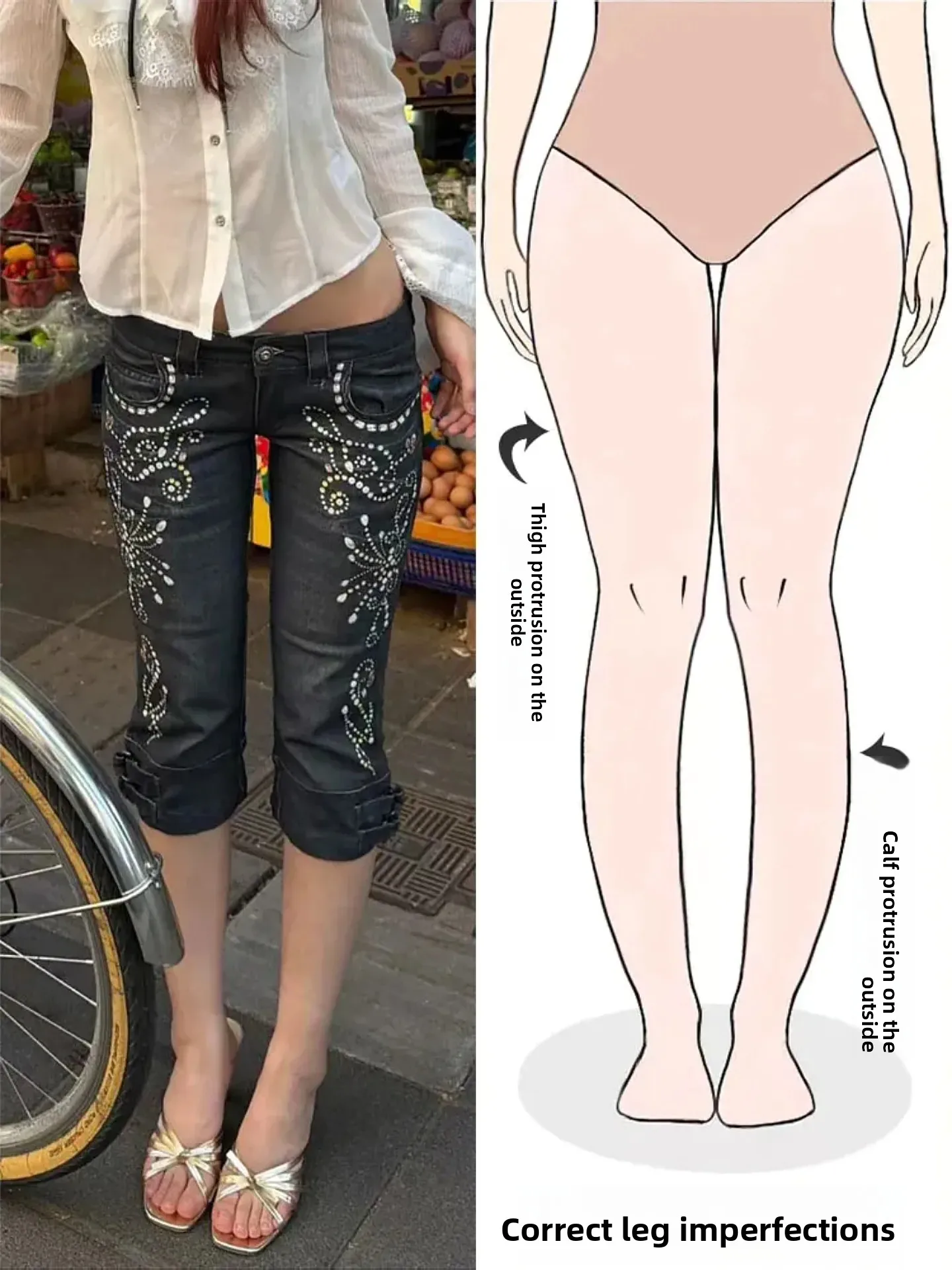 

Retro American Denim Seven-Foot Pants Women's Summer New Style Slimming Diamond Heat Treatment Flower Design Middle-Pear Body...