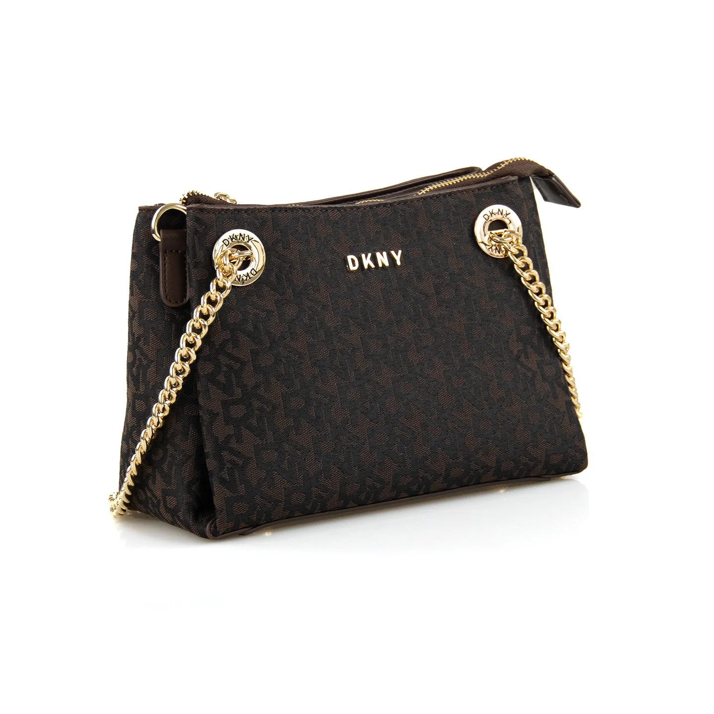 DKNY Women Embossed Logo Shoulder Bag Gold Chain Dual Strap Zip Closure Tote Purse Spacious Daily Carry Handbag