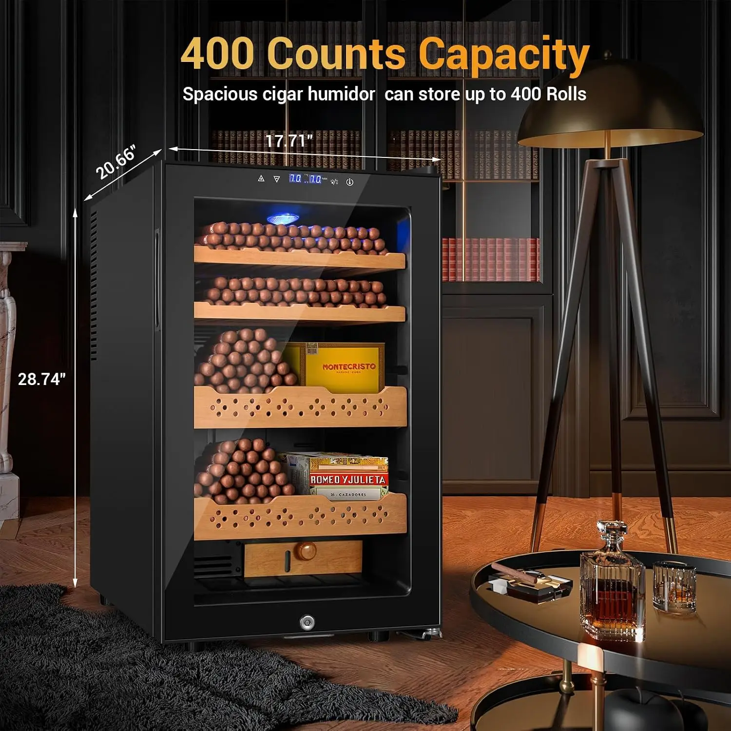 Electric Humidor, 70L 400 Counts Large Capacity,Thermostatic Cooling Humidor Cabinet with Smart Humidity & Temp, Customized
