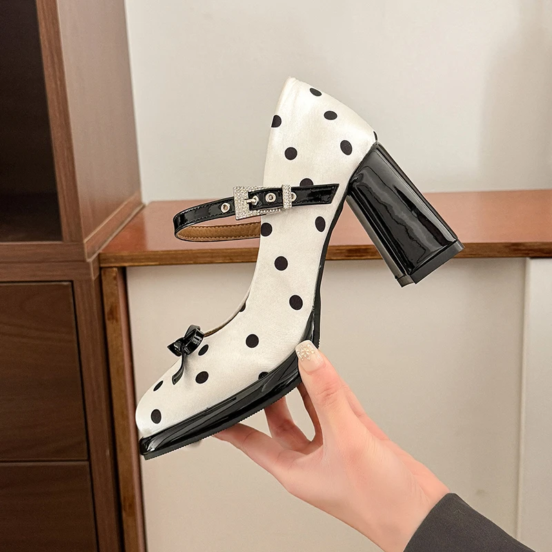 

Bow Mary Jane Shoes Women's Autumn Round Toe Platform Block Heel One Buckle Non-Slip Heels