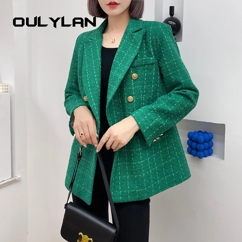 Women Fashion Tweed Double Breasted Blazer Coat Vintage Long Sleeve Flap Pockets Female Outerwear Ladies Suit Jacket