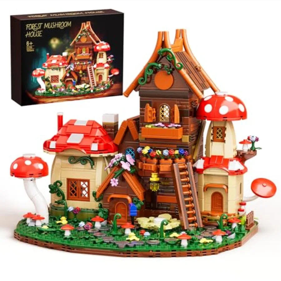 

Forest Mushroom House Building Blocks Toy with Openable Windows Colorful Flowers Mini Furniture Staircase Stone Path Creative 1