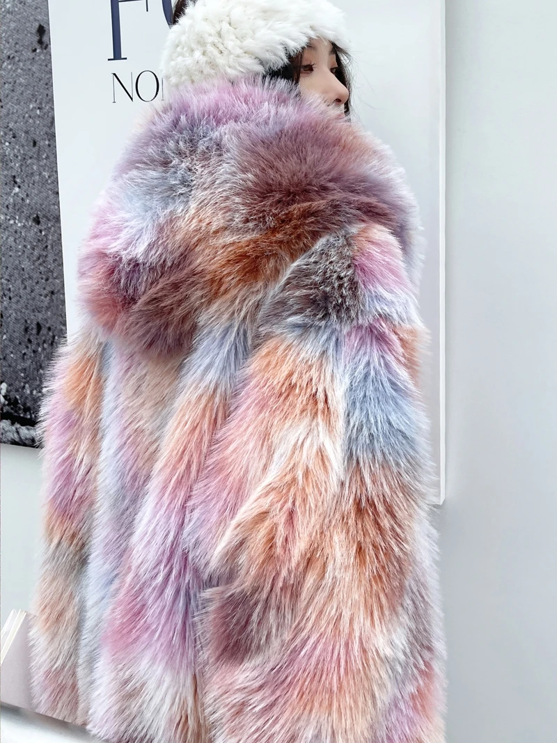 Female New Fashion Colorful Faux Fur Coat Lady Long Loose Colored Hooded Shaggy Outerwear Women\'s Winter Coats Promotion