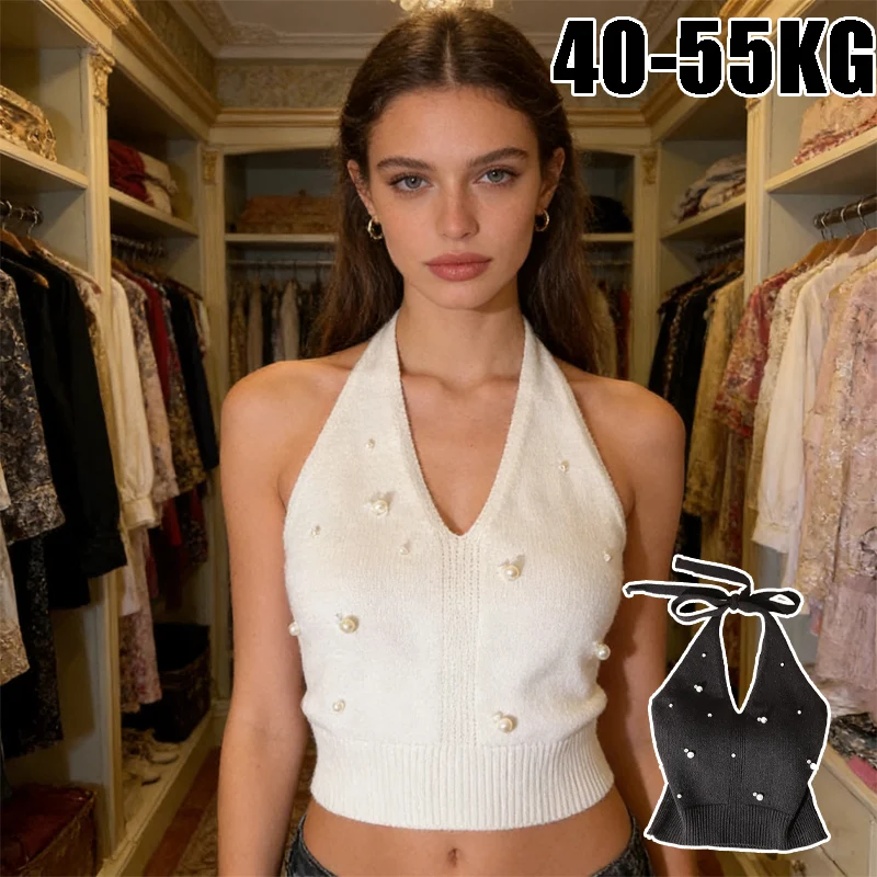 Pearl Knit Halter Neck Top Sweet Edgy Backless Sleeveless Vest Designer Statement Piece for Women's Summer Parties
