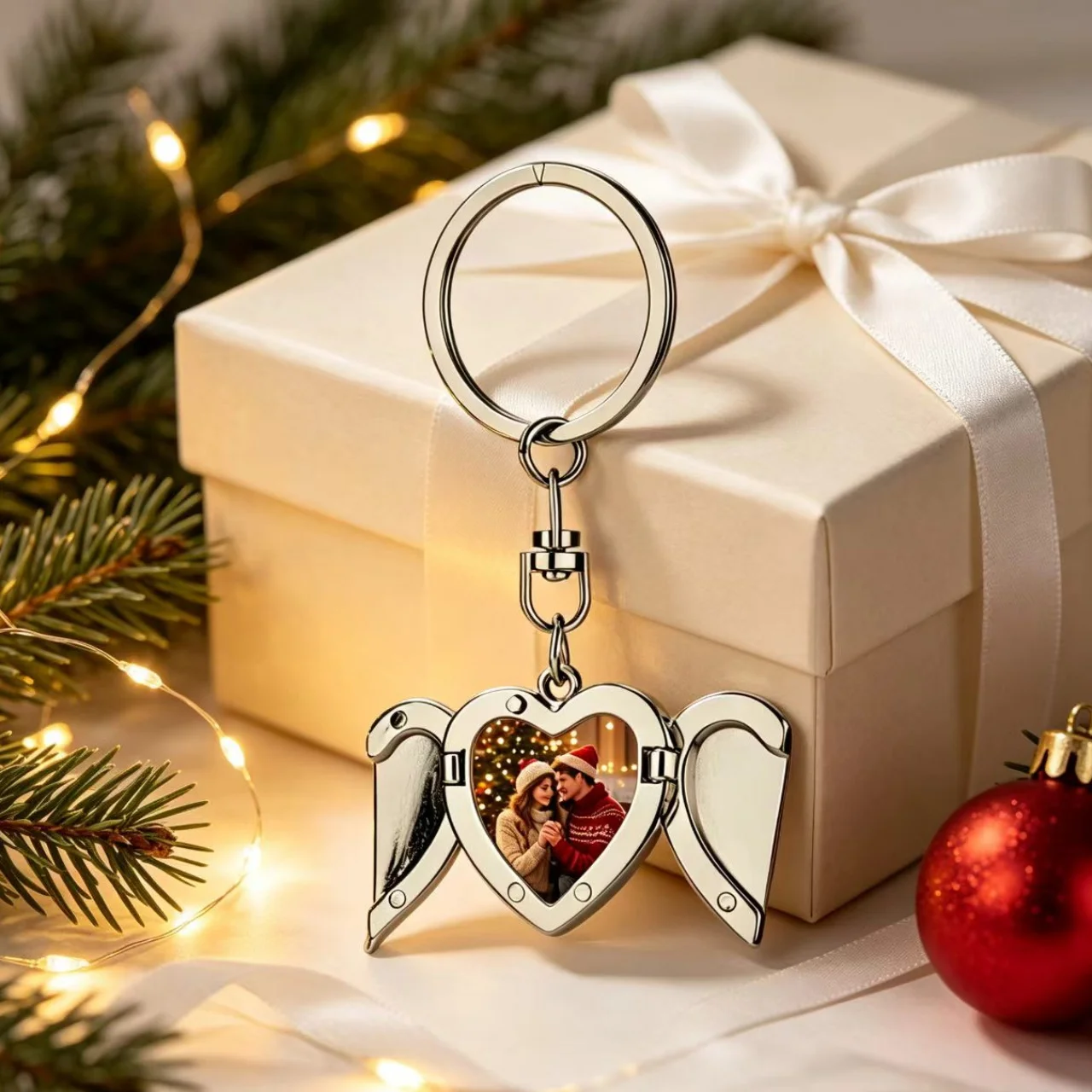 Personalized Picture Heart Shaped Keychain, Angel Wings Openable Photo Locket, Unique Romantic Keepsake for Lover