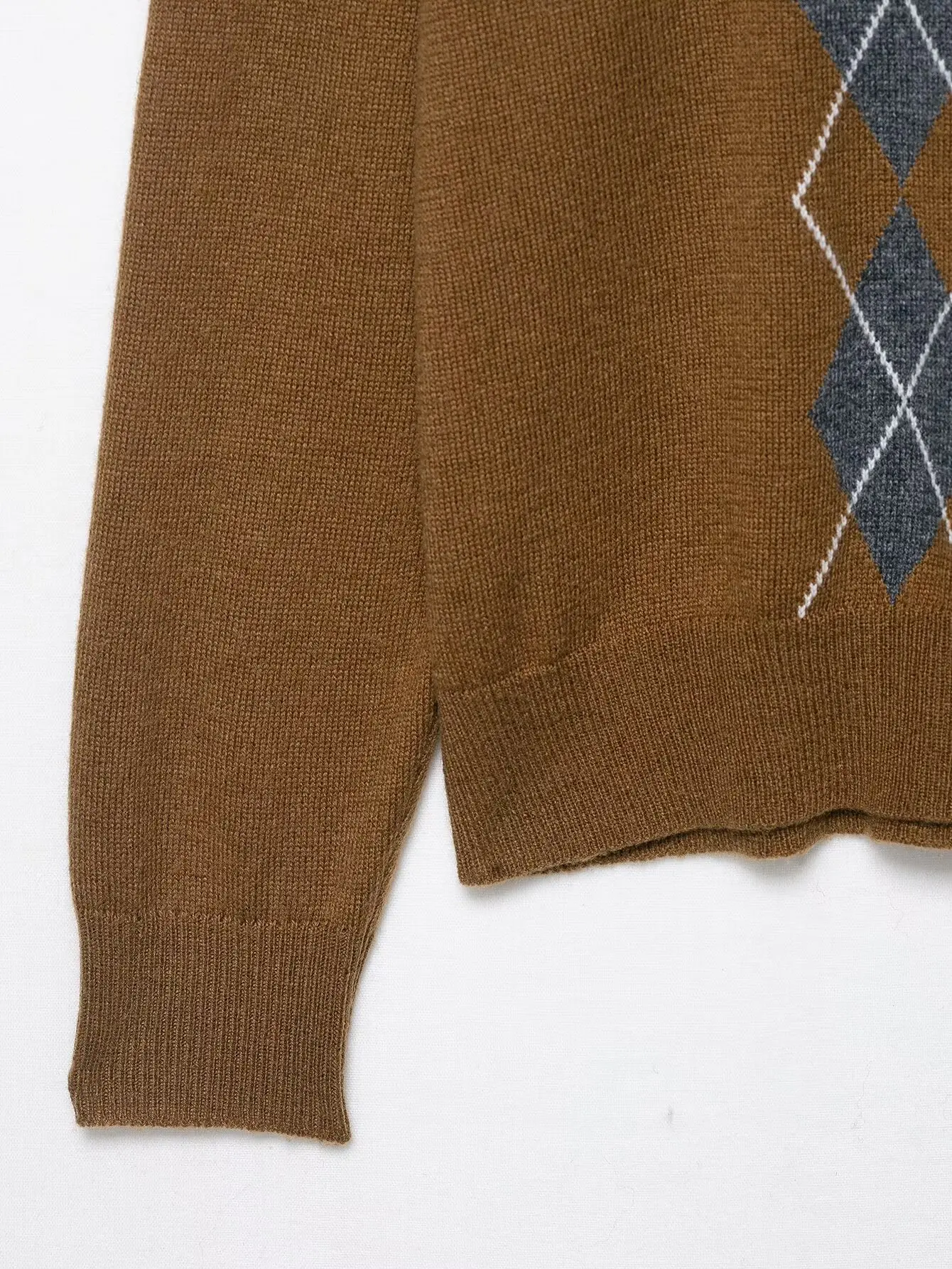 Fall 2025 Fashion Women's Clothing Diamond-Pattern Knit Polo Sweatshirt Women's Casual Crewneck Sweatshirt Full-Sleeve Loose Fit