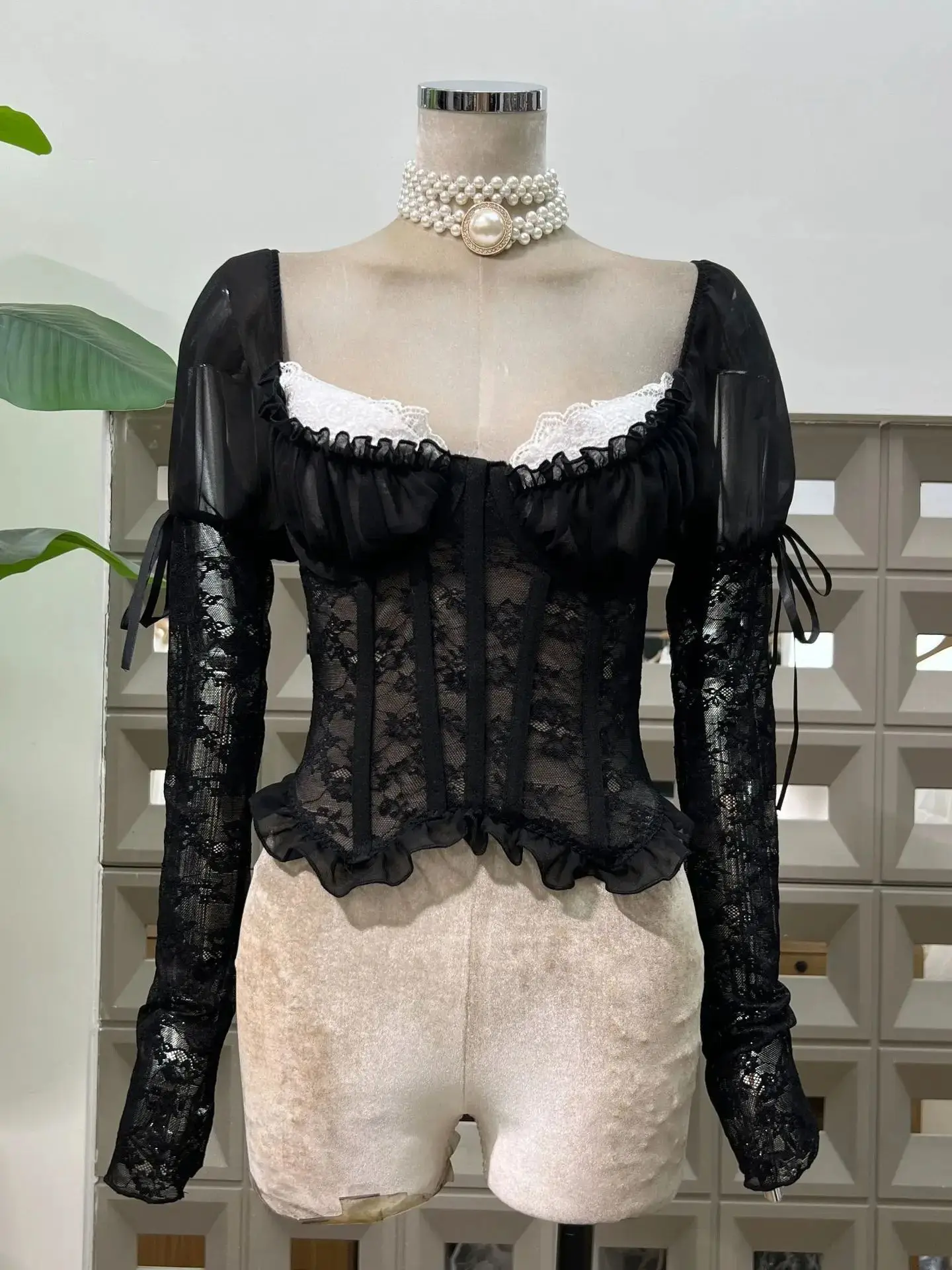 

Fashion Black Mesh T Shirt Women Tops Sexy Lace Transparent Long Sleeve Slim Fishbone Y2K Night Club Party Tank Top Christmas